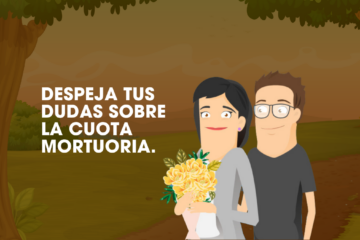 Ilustración de dos personas con flores junto al mensaje “Despeja tus dudas sobre la cuota mortuoria”, artículo informativo sobre qué es, cómo funciona y los mitos más comunes de este beneficio.