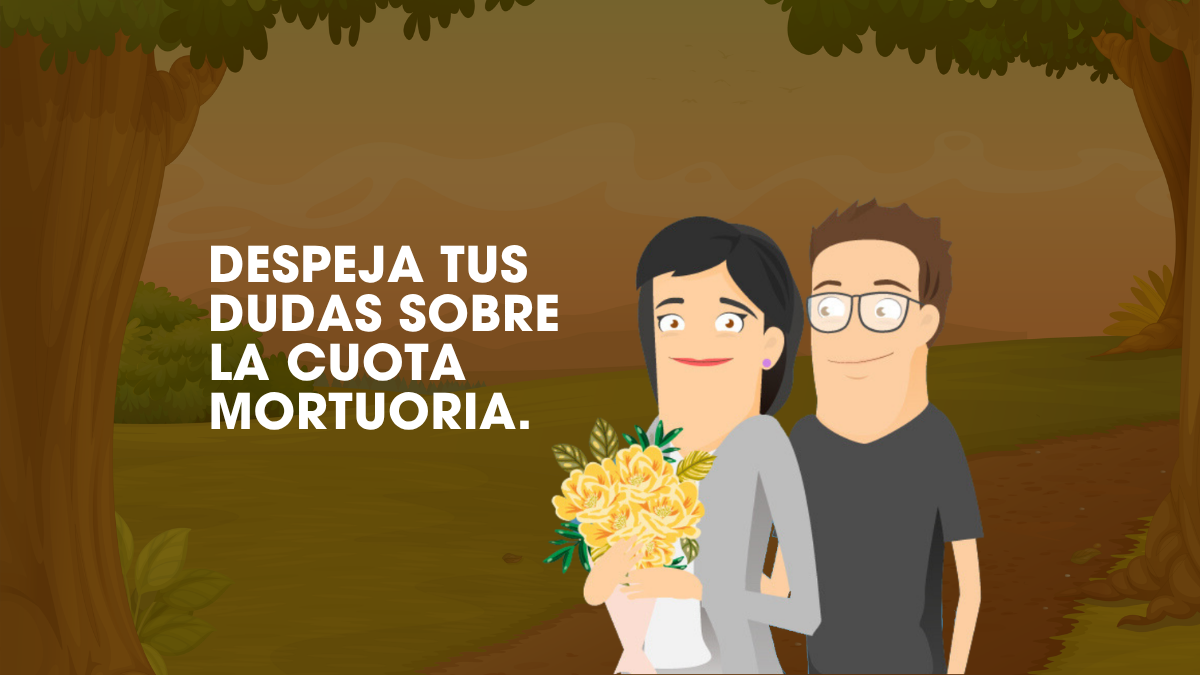 Ilustración de dos personas con flores junto al mensaje “Despeja tus dudas sobre la cuota mortuoria”, artículo informativo sobre qué es, cómo funciona y los mitos más comunes de este beneficio.