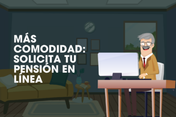 Solicitud de pensión en línea: persona realizando el trámite previsional por internet desde un computador en casa.