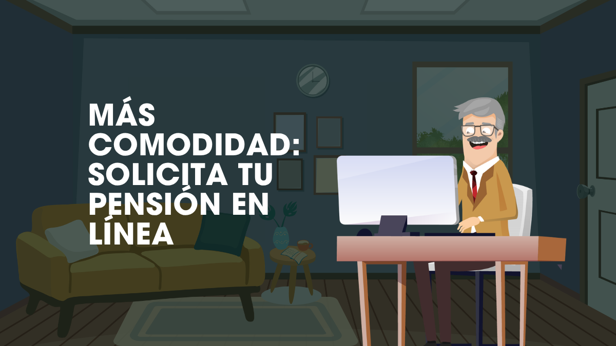 Solicitud de pensión en línea: persona realizando el trámite previsional por internet desde un computador en casa.